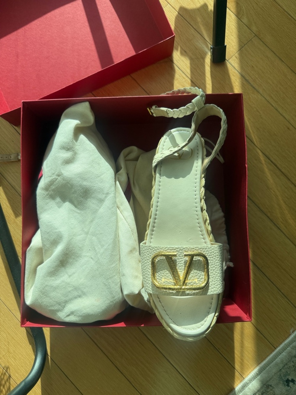 Valentino Cream Braided Leather Sandal with Gold V Logo